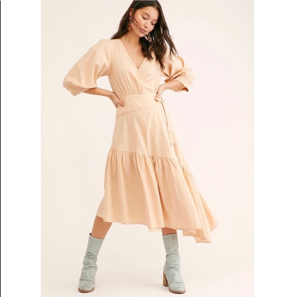 Free People Cotton Linen Wrap Midi Dress Peach - Picture 2 of 4